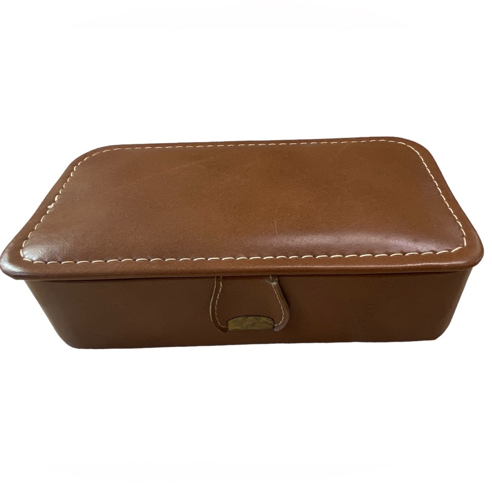 Vintage Leather Brown Brevoni Mid Century Men’s Cufflinks Tie Bars Jewelry Box